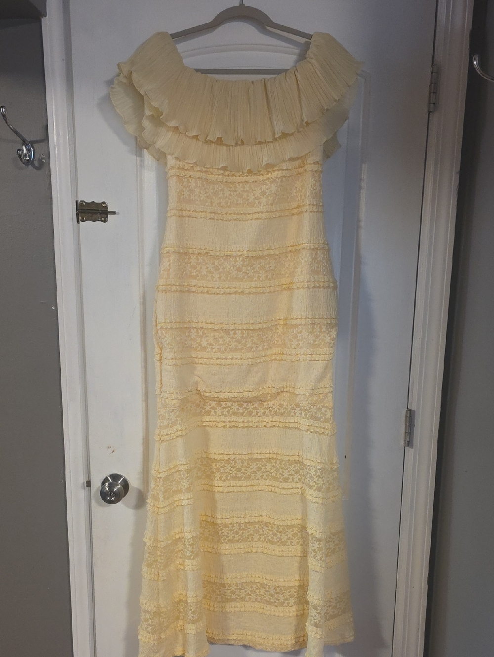 Butter Yellow Ruffled Off-Shoulder Lace Maxi Dress
